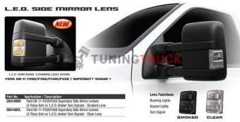 Ford 08-16 F250/F350 Superduty Side Mirror Lenses (2-Piece Set) w/ AMBER LED Running Lights & Turn Signals - Clear Lens