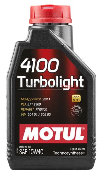 1 л MOTUL 4100 TURBOLIGHT 10W-40 для бензиновых и дизельных двигателей, изготовленное по технологии Technosynthese®