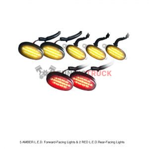 Ford RAPTOR 09-14 LED Fender & Front Grill Light Kit - (7-Piece Set) w/ 5 AMBER LED Forward-Facing Lights & 2 RED Rear-Facing Lights - Smoked Lens w/ Black Trim